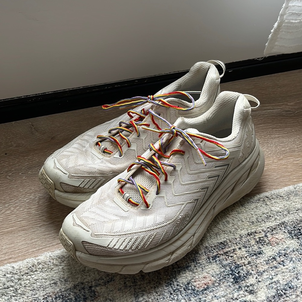 White Hoka One One Tennis Shoes with Rainbow Laces (OV Clifton)